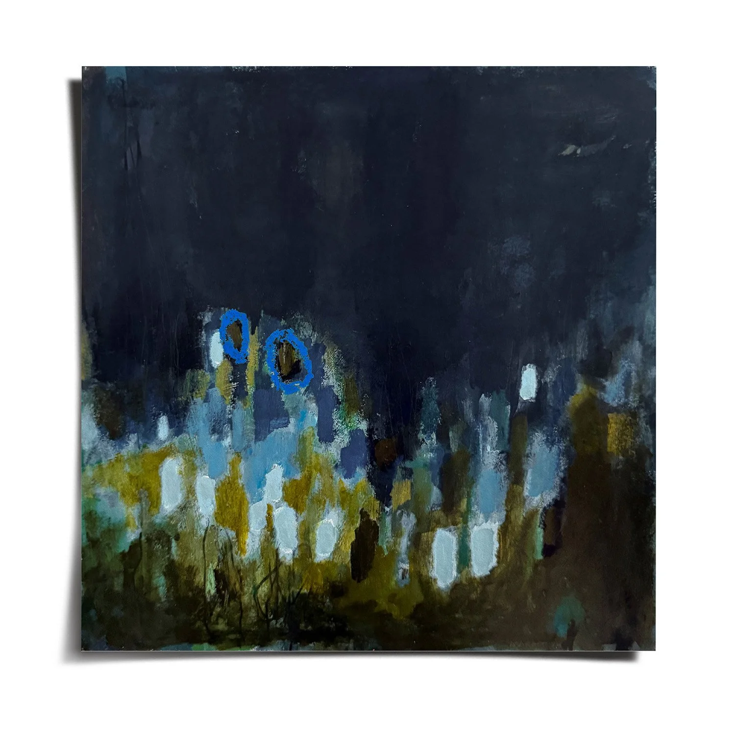 Dark blue abstract composition with pale glowing shapes and layered brushwork, evoking seaweed and marine life in low light.