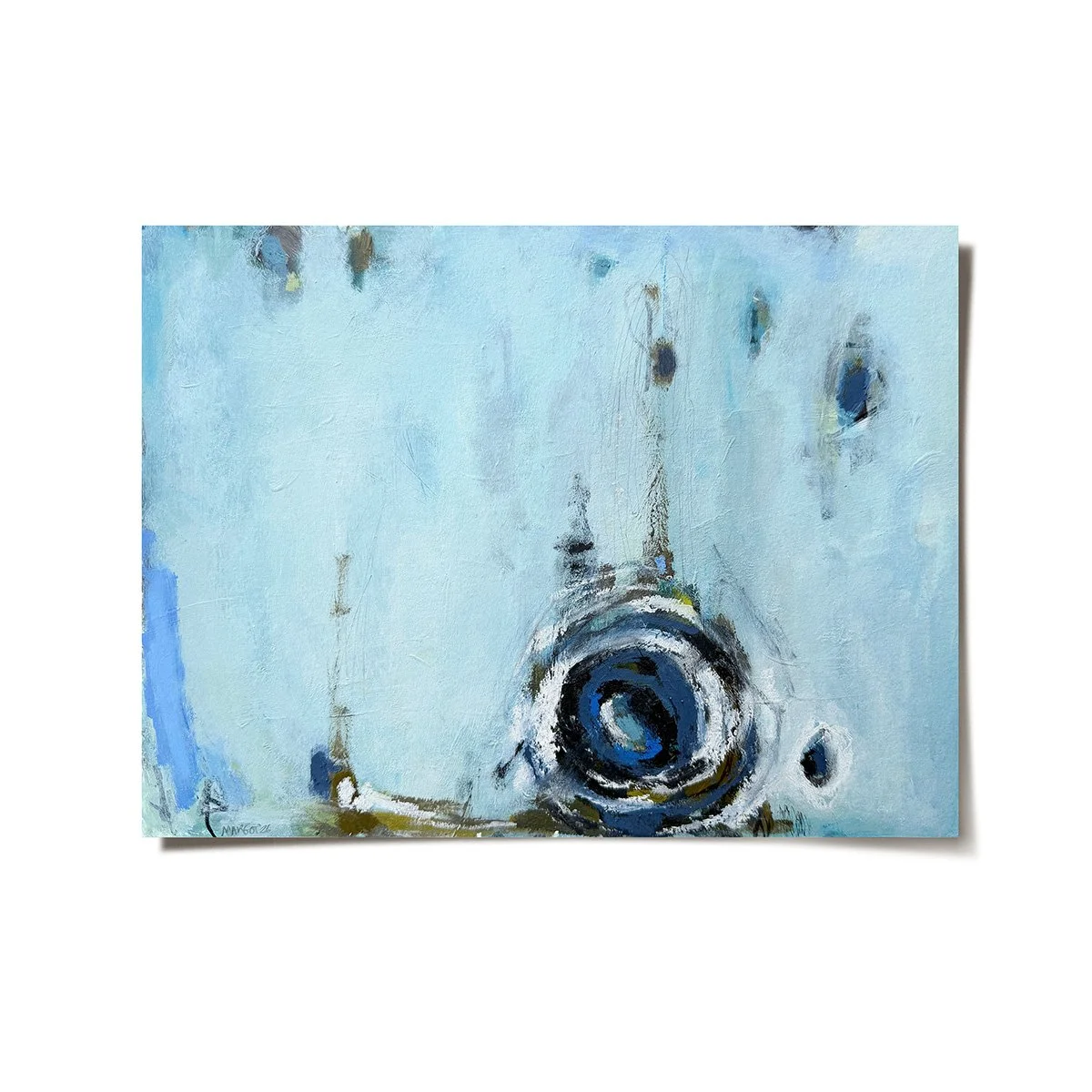 Abstract composition in light blue tones with a prominent circular motif, layered brushwork, and spacious forms suggesting a calm inhale.