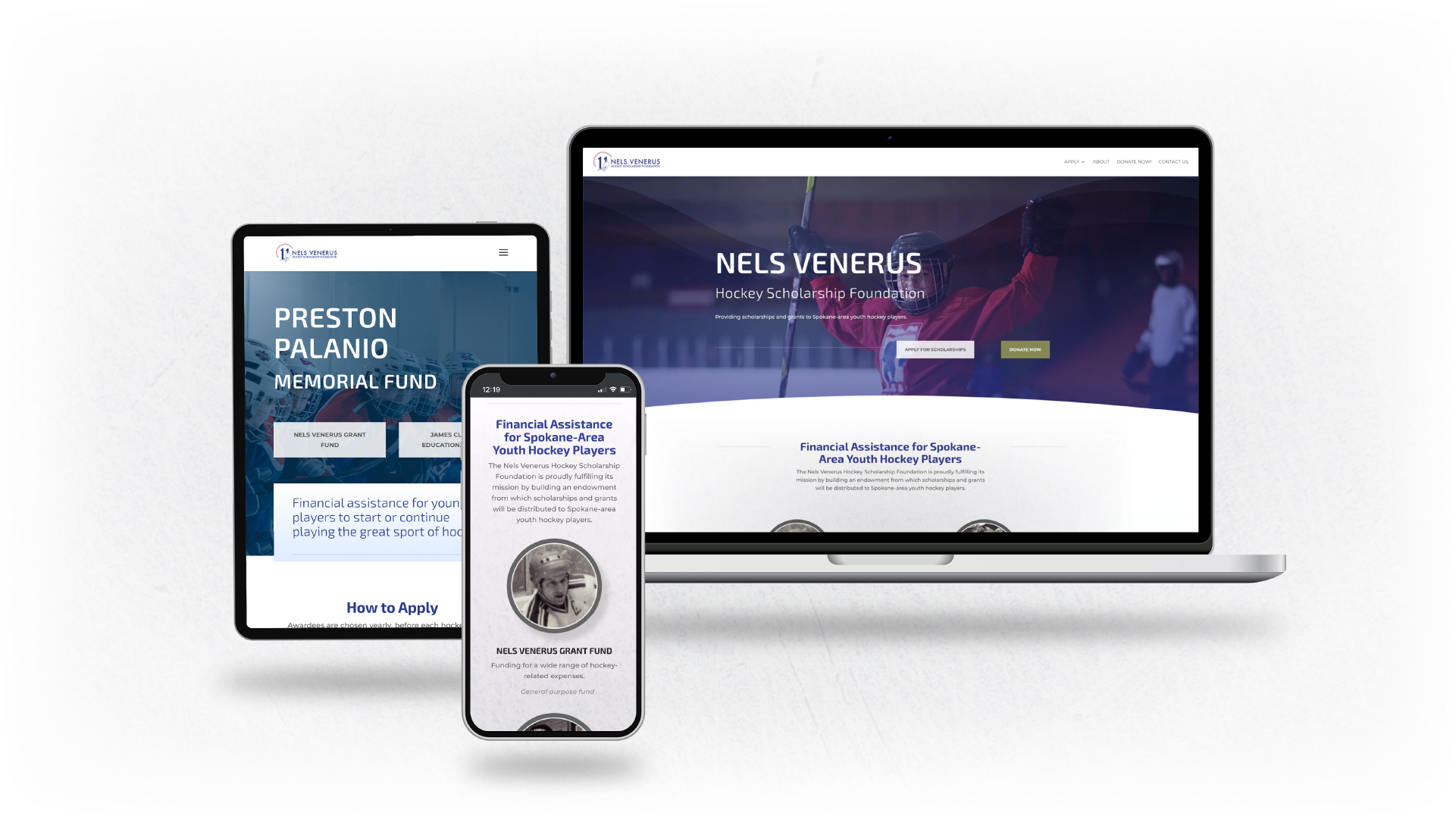 Mockup image of the Nels Venerus web design showed on various devices. The website is clean and focuses on streamlining the donation and application process.