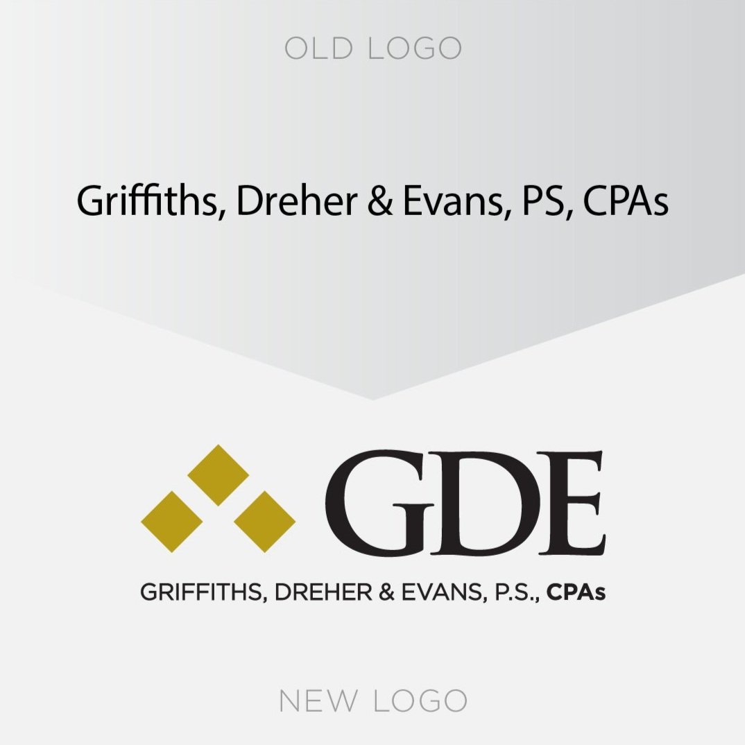 Graphic demonstrating the old logo versus the new logo, the old being plain text and the new having a contemporary typeface and three squares representing each name.
