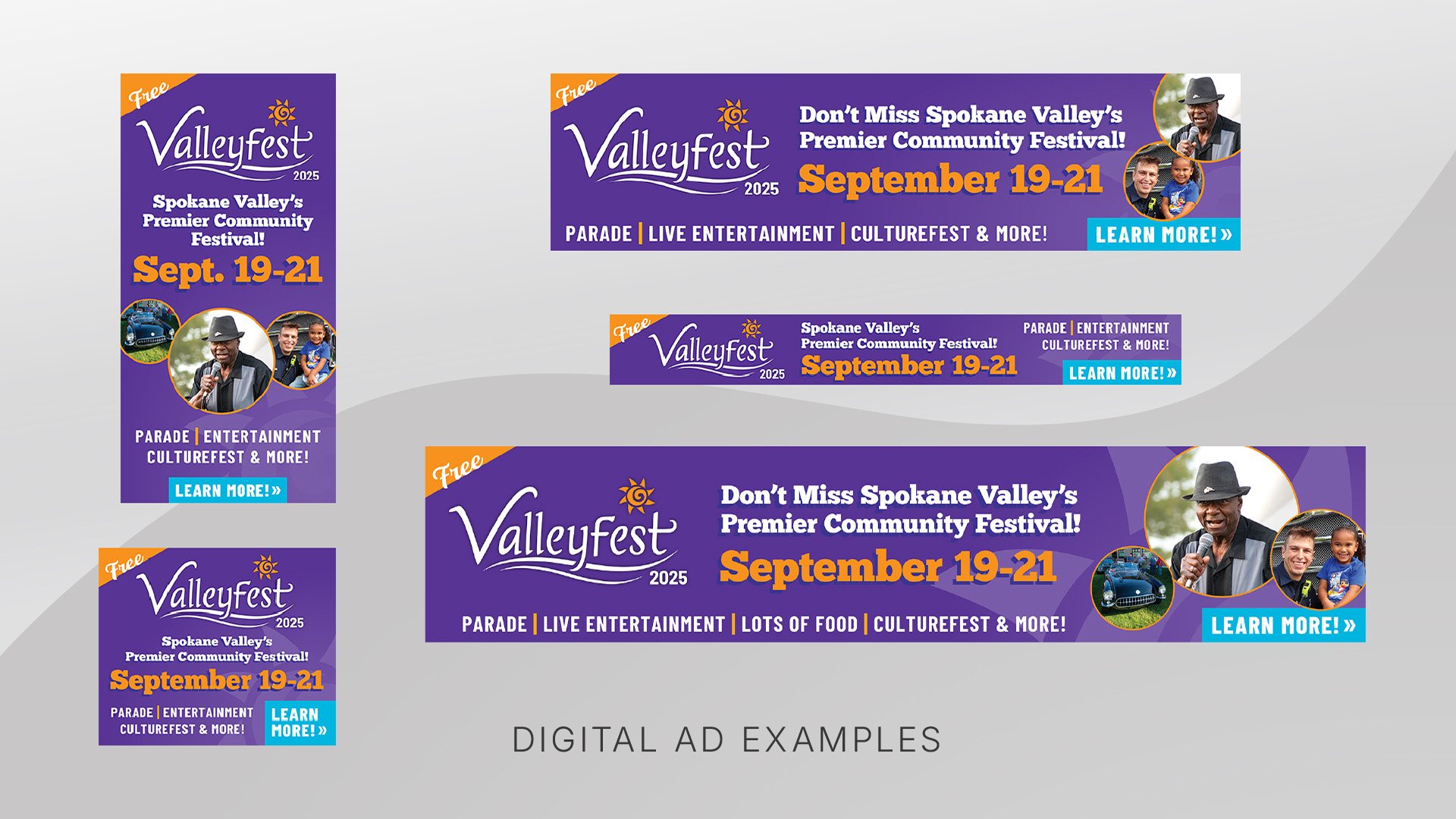 Image mockup representing large and small digital ads for Valleyfest, largely featuring the date and event name.