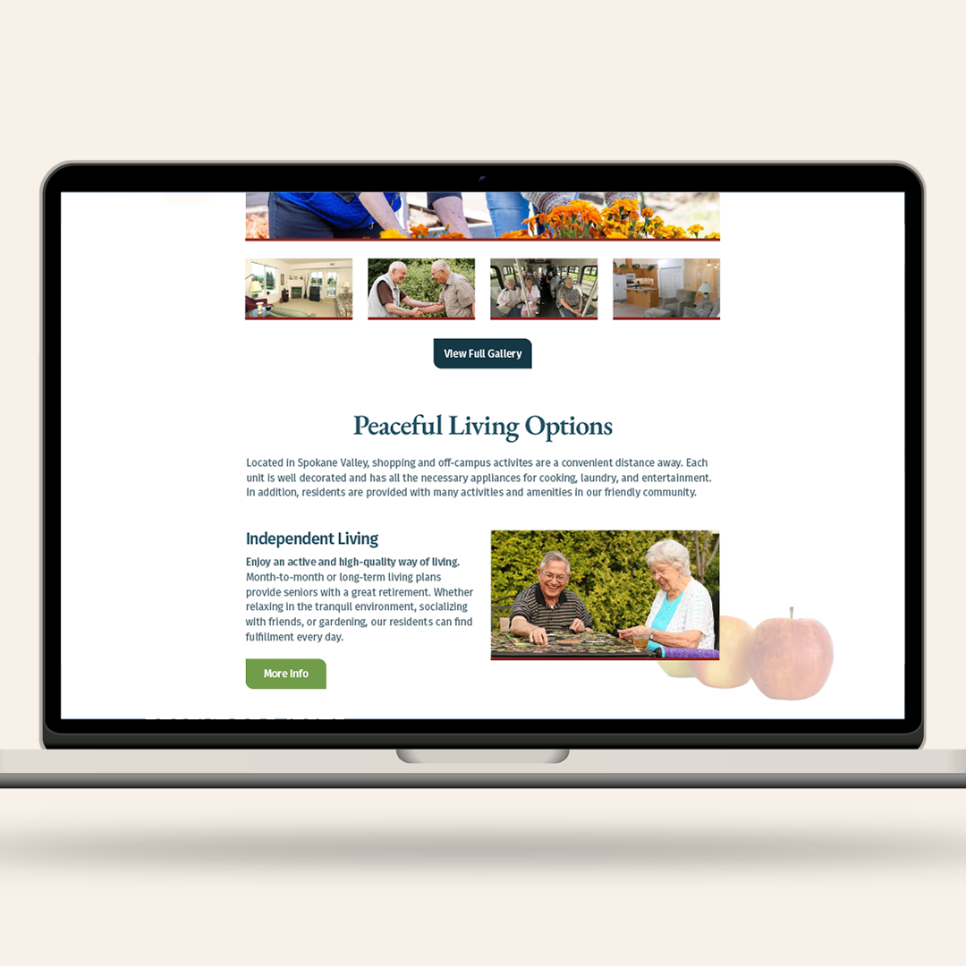 Mockup of a page on the Orchard Crest website, "Peaceful Living Options" describing the different types of living at Orchard Crest. The layout is clean and friendly.