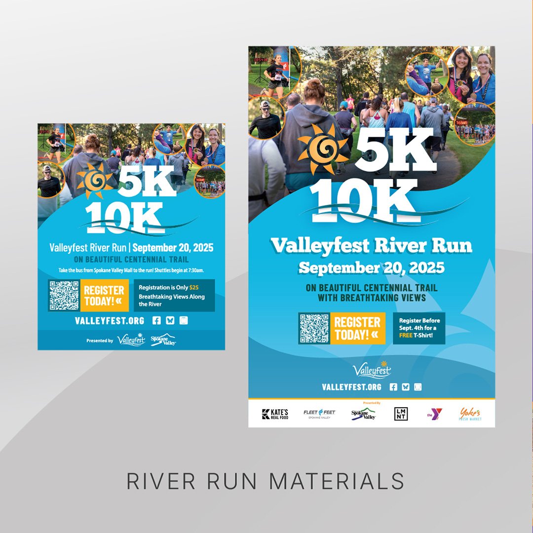 Image mockup representing large and small print ads for Valleyfest River Run, using a consistent layout as part of the major campaign.