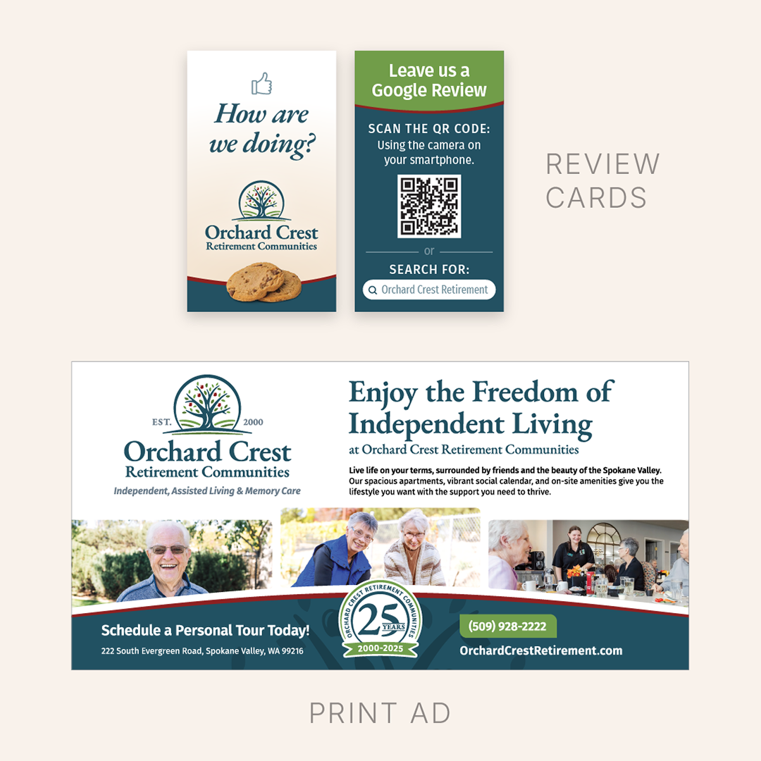 Mockups of fully designed print projects. A Google Review card asking "How are we doing?" with a QR code, and a print ad showcasing Independent Living and photos of happy residents.
