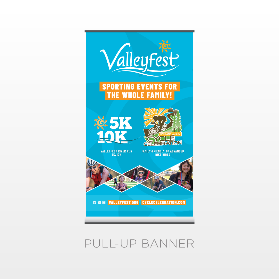 Image mockup representing the pull-up banner design for the sports events at Valleyfest. Shows 5K and Cycle Celebration logos.