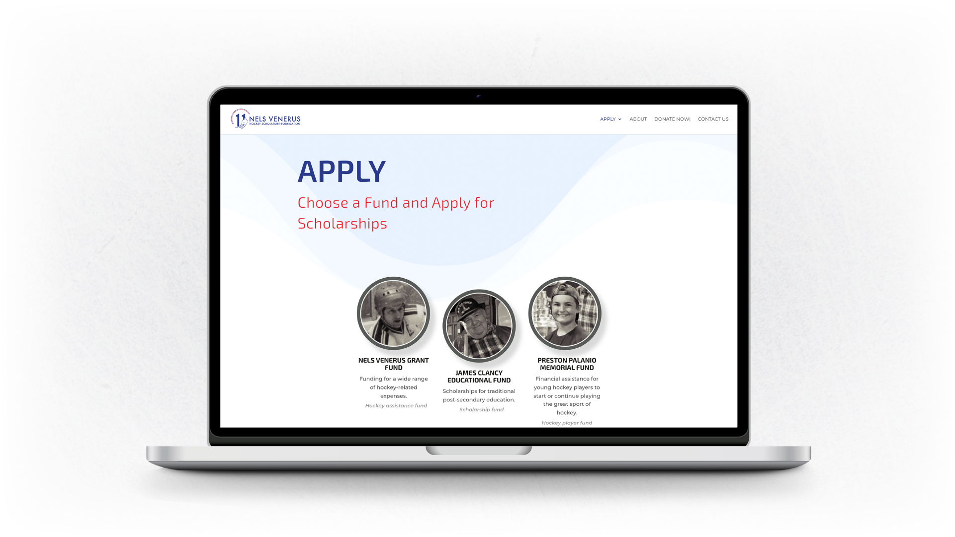 Mockup image of the Apply page on desktop size. Lots of white space with three main images called out, stylized as hockey pucks.