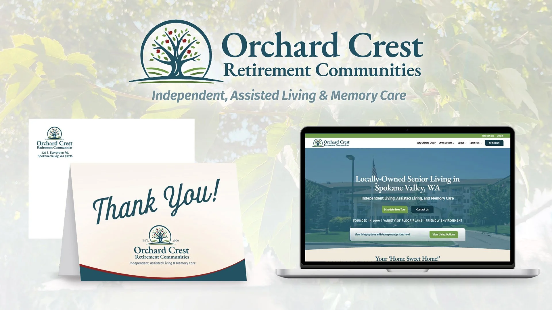 Mockups of fully designed print projects for Orchard Crest. They display a consistent and clean design. On the left, a Thank You card with a cursive font and envelope behind with the logo, then on the right, a mockup of the home page for the Orchard 