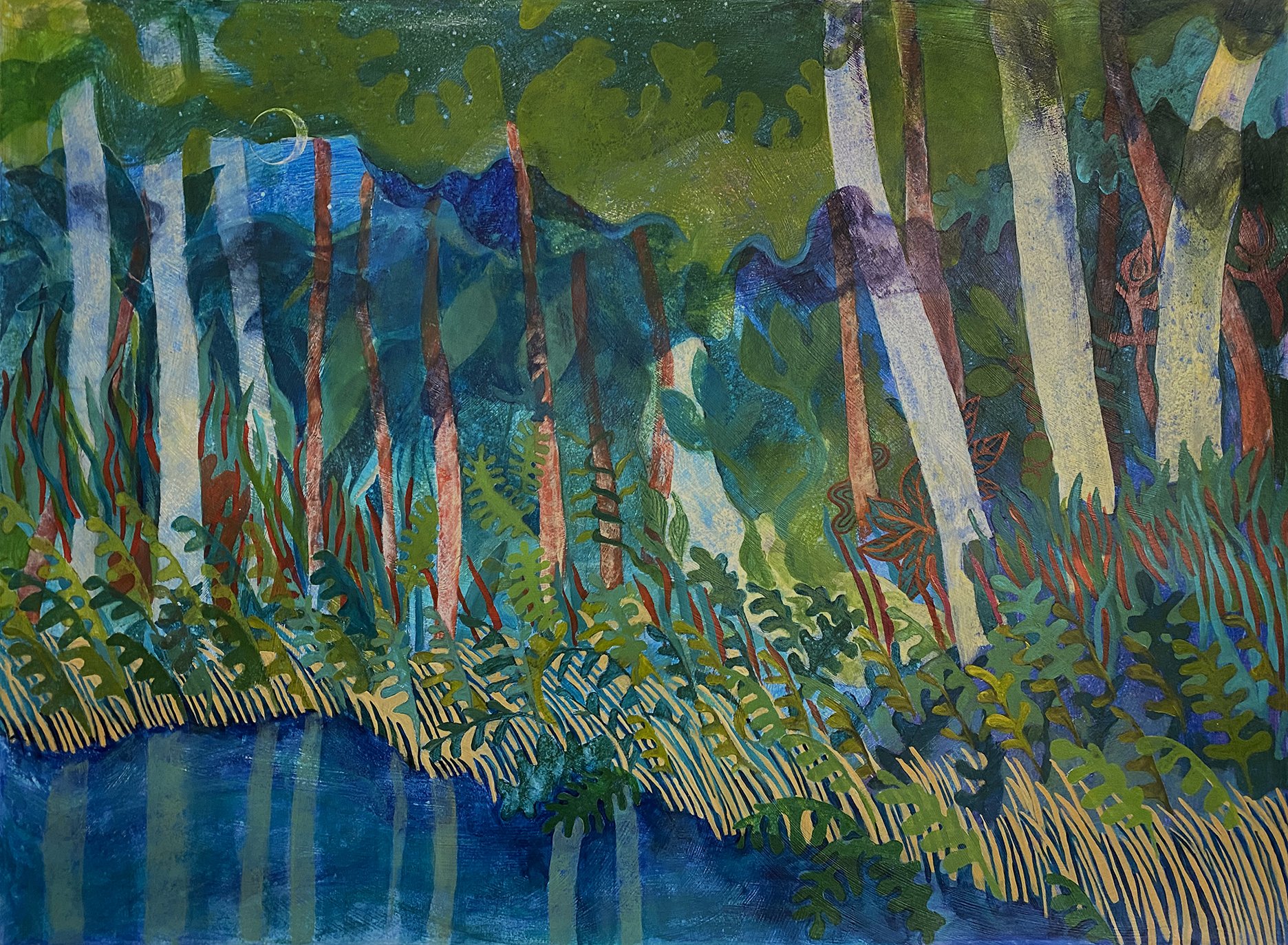 mud river, 30 x 22", acrylic on rives bfk (sold), 2021