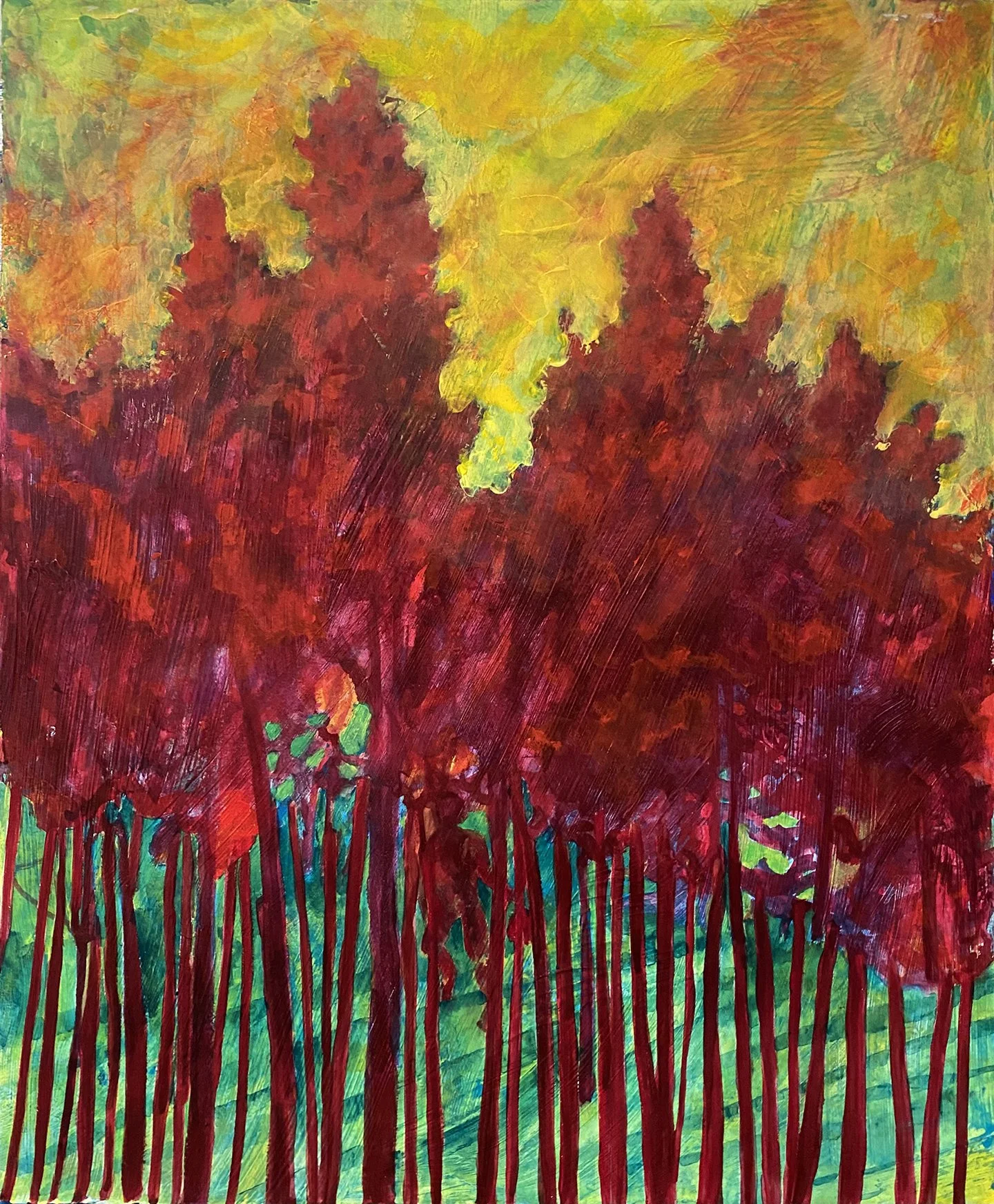 Red Pines, 15 x 18.25", flashe on rives bfk, 2024