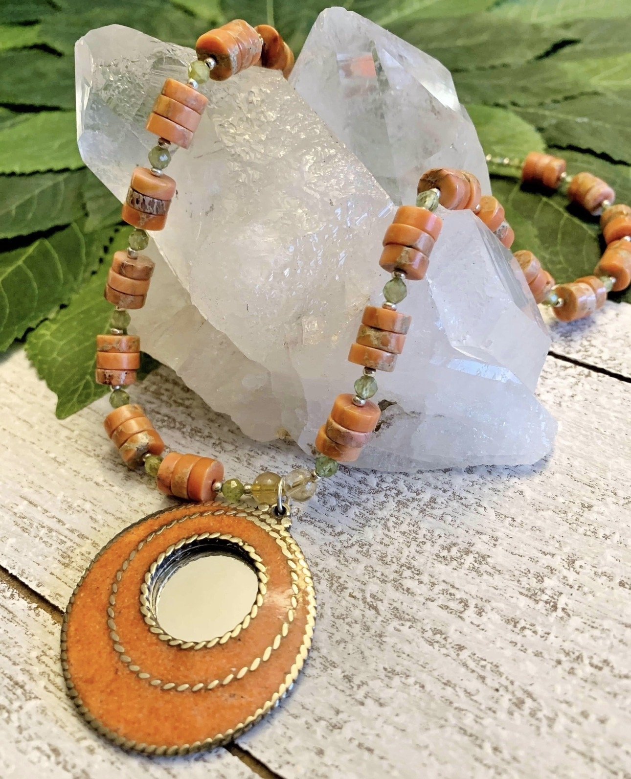 Holistic Arts Orange Coral Peridot Gemstone Necklace & Mirror Enamel Pendant