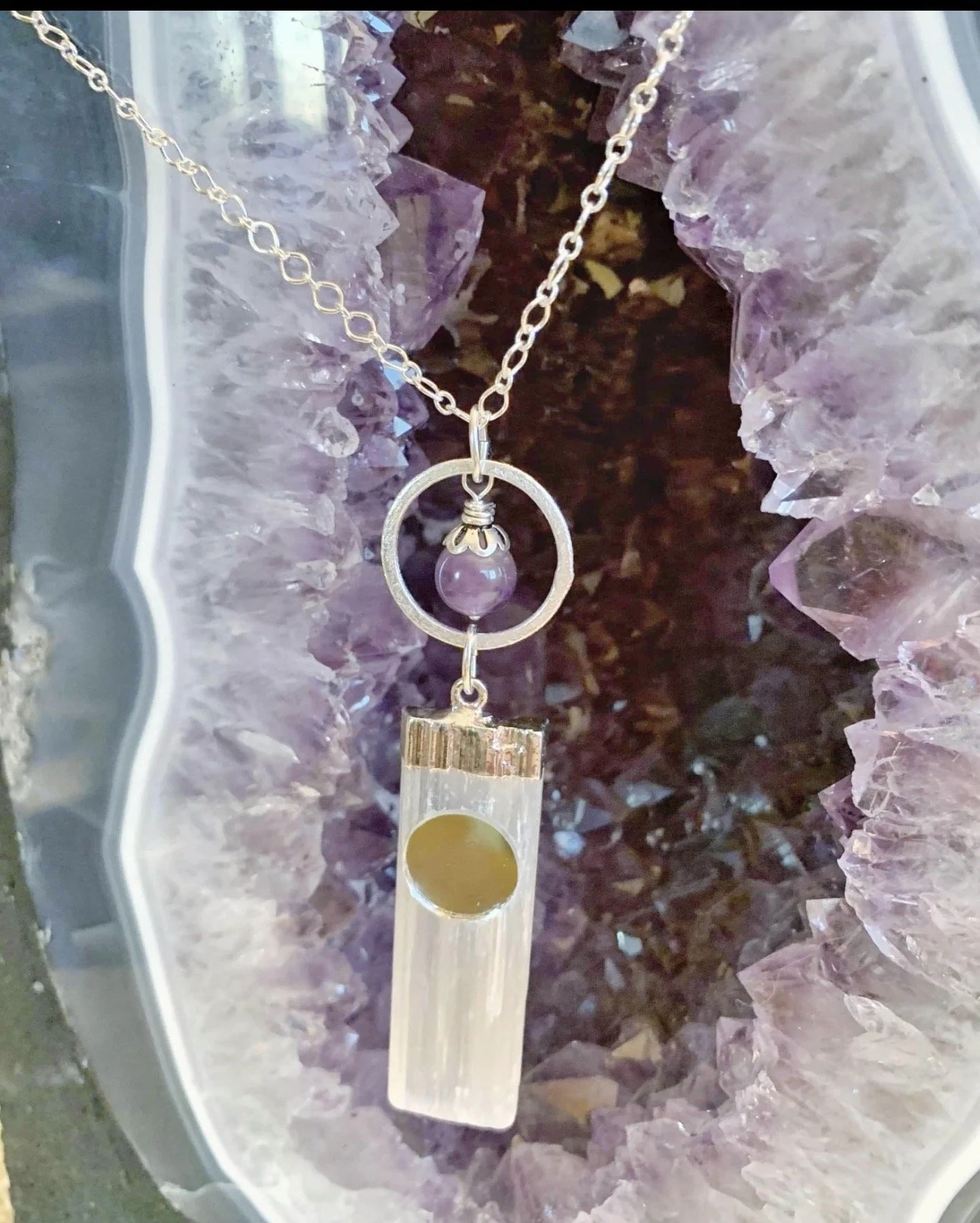 Holistic Arts Selenite Mirror Brass Amethyst Protective Aura Energy Necklace