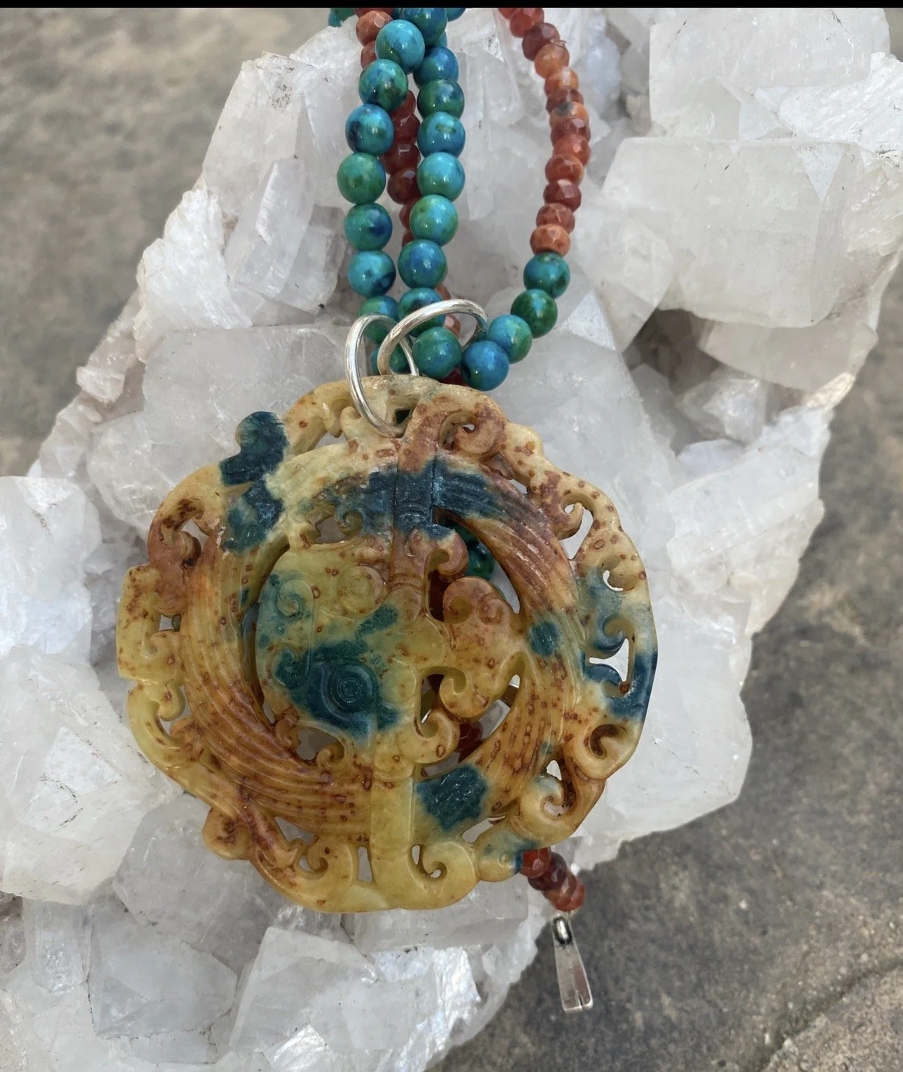 ESIAAM Asian Carved Yellow Jade Scroll Pendant on Faceted Gemstone Necklace