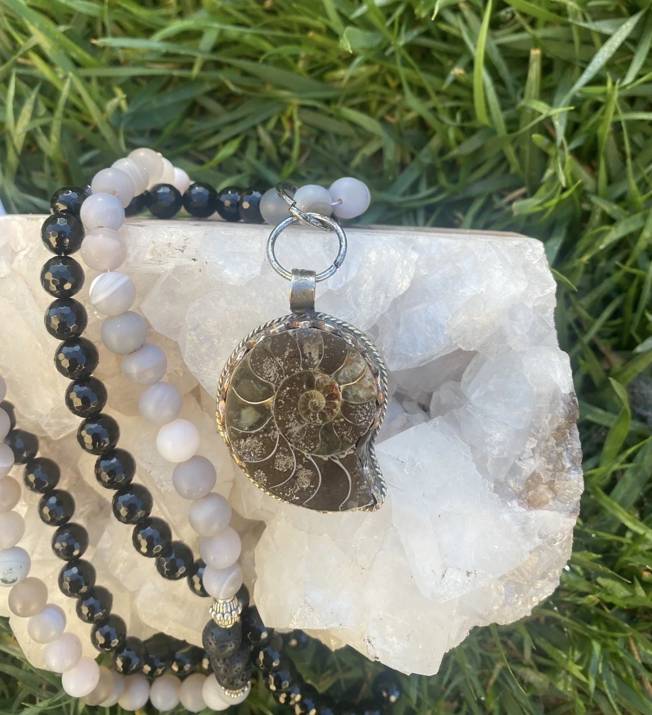 ESIAAM Gemstone Bead Beaded Ammonite Fossil Repousse Necklace Bracelet