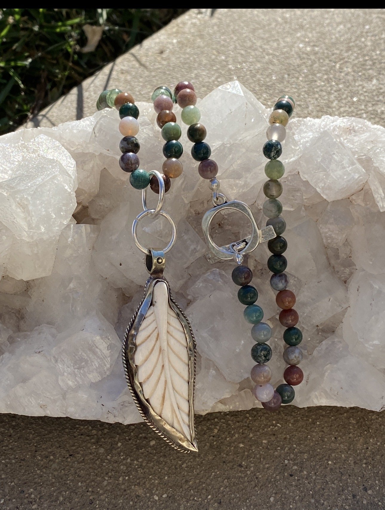 ESIAAM Gemstone Beaded Long Necklace with Tibetan Carved Feather Repousse Pendant