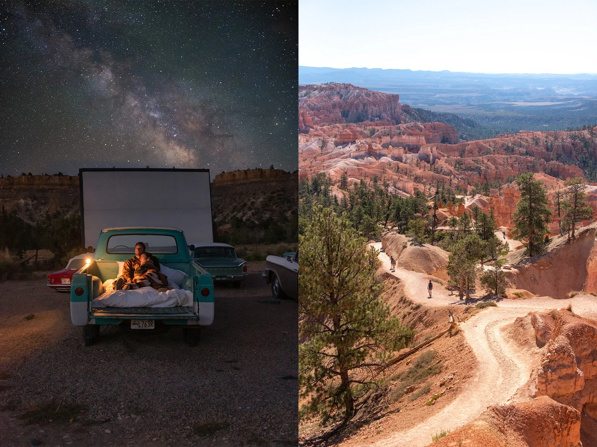 couple in truck at drive in on right and on left Bryce Canyon