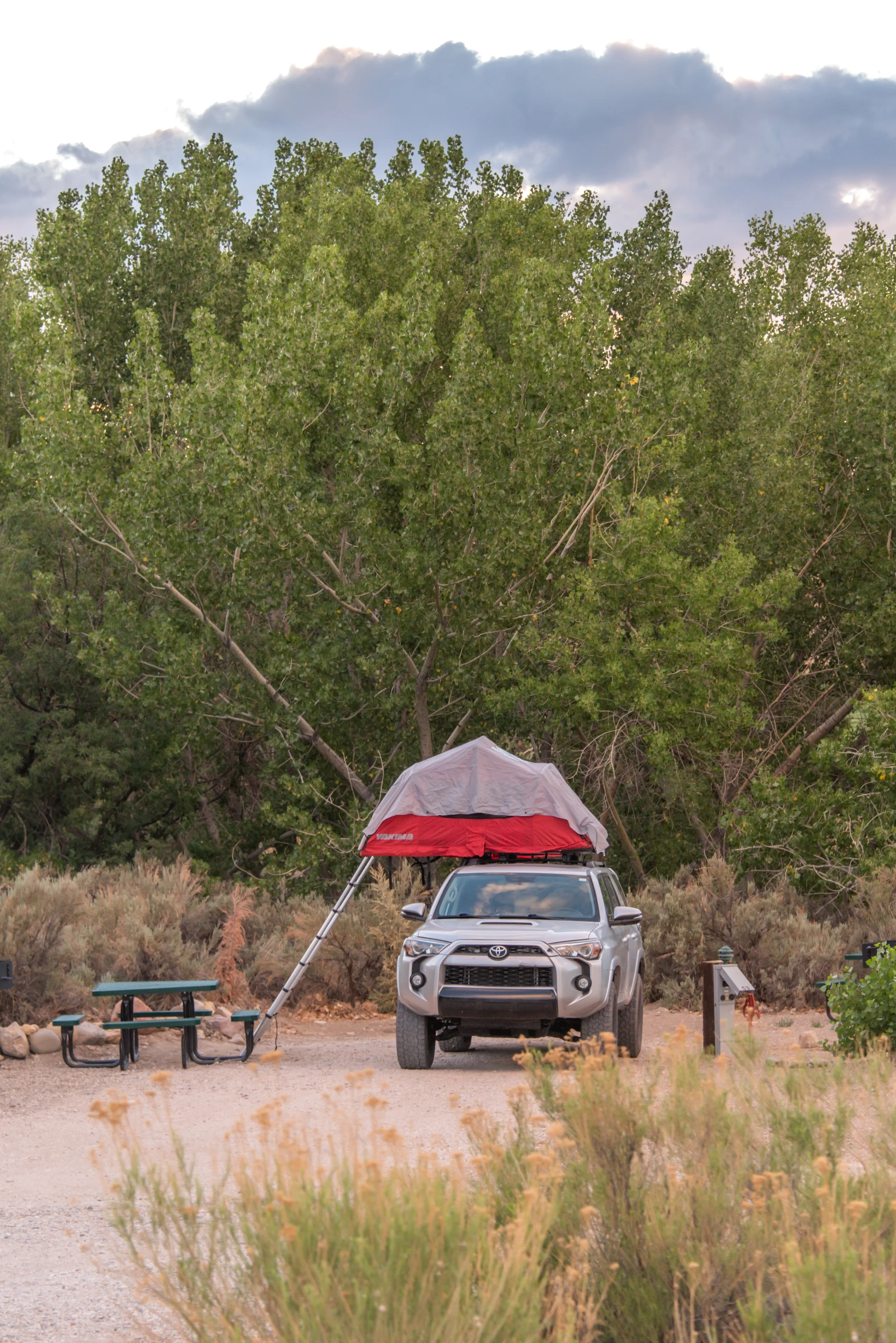A silver Toyota SUV parked on a dirt area with a red and gray pop-up tent attached to the roof, set next to a picnic table, in a natural outdoor setting with trees and shrubs in the background and a cloudy sky overhead.