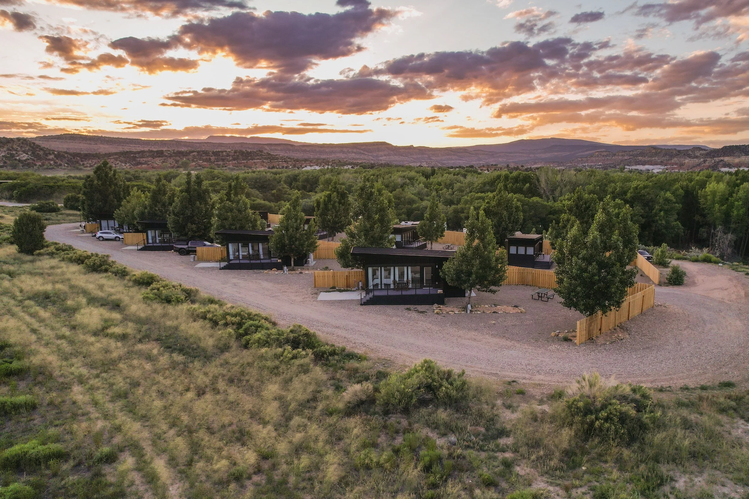 Drone shot of Deluxe Cabins at sunset