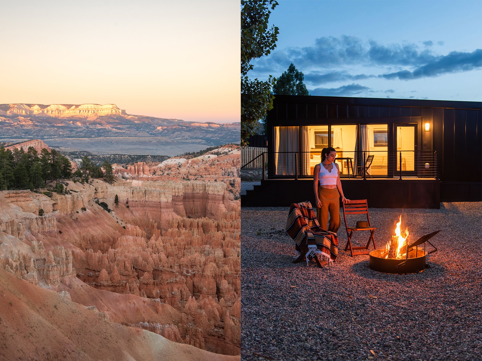 Bryce Canyon on left and woman at fire pit outside of Deluxe cabin