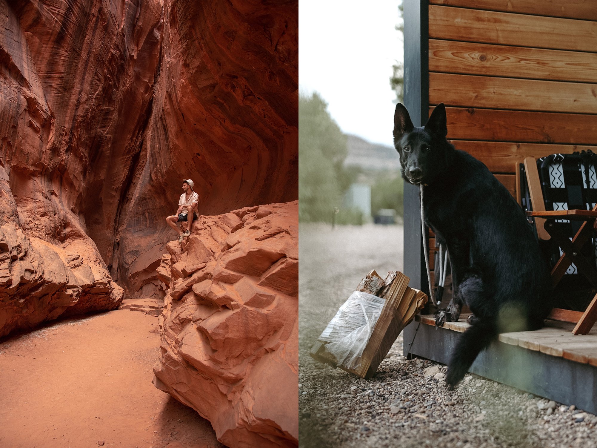 hiker in slot canyons on left and black dog in truck on right