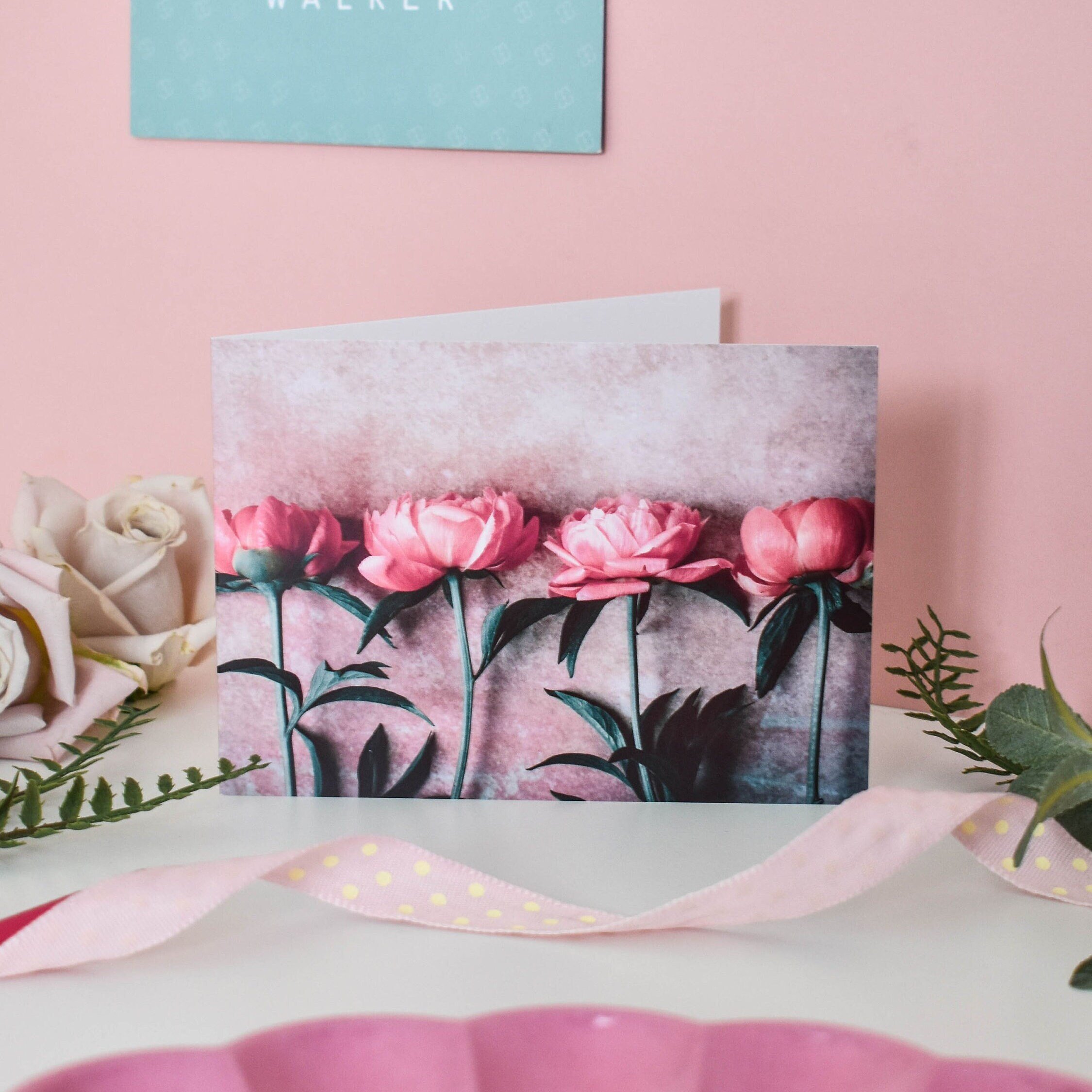 Marina Walker pink peony stems floral blank greeting card