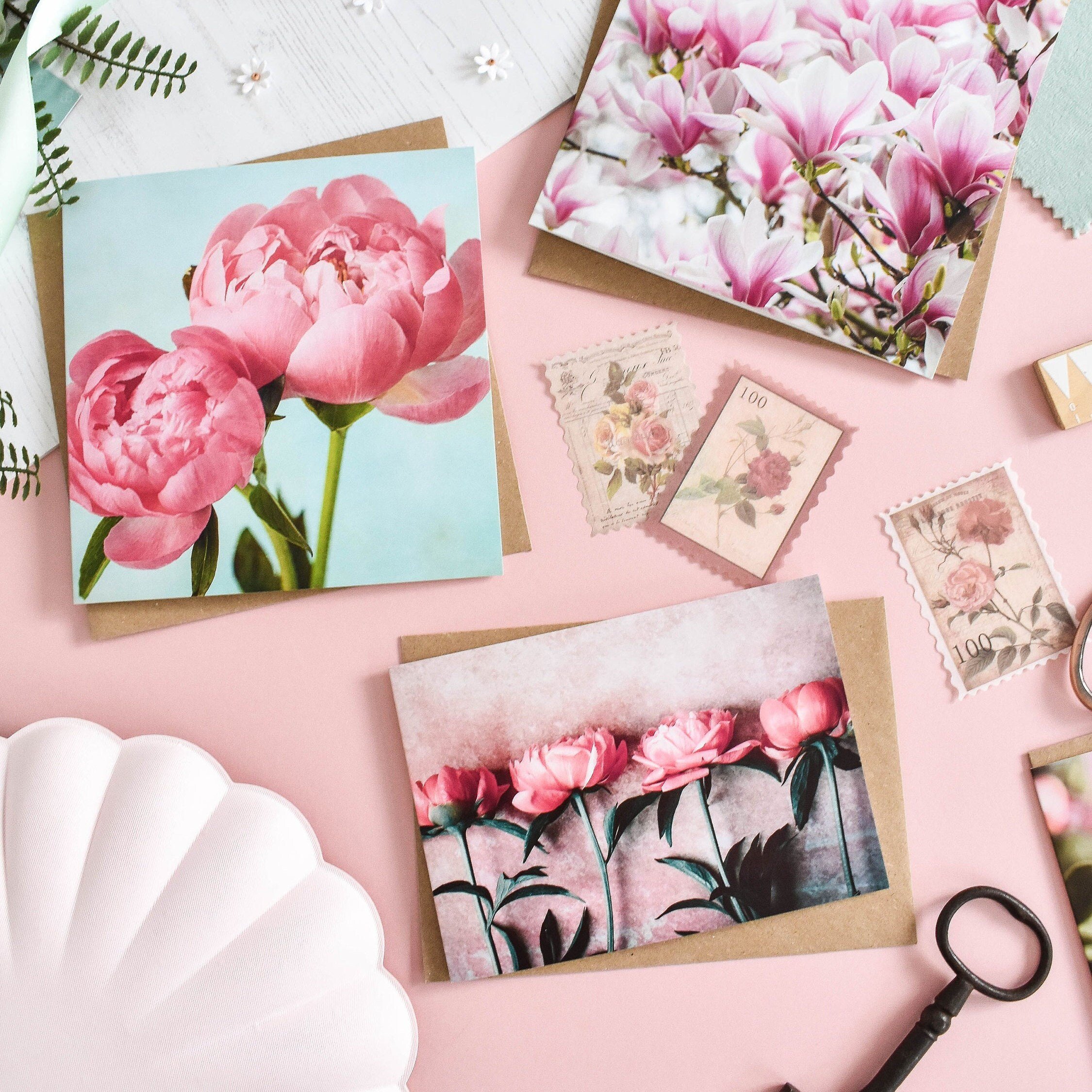 Marina Walker pink peony stems floral blank greeting card