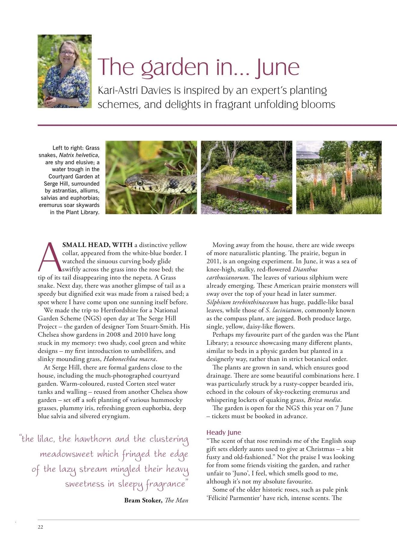 Page from a magazine or book about a garden in June, featuring a photo of a woman in a garden, and images of garden snakes, a water feature, and plants, with descriptive text.