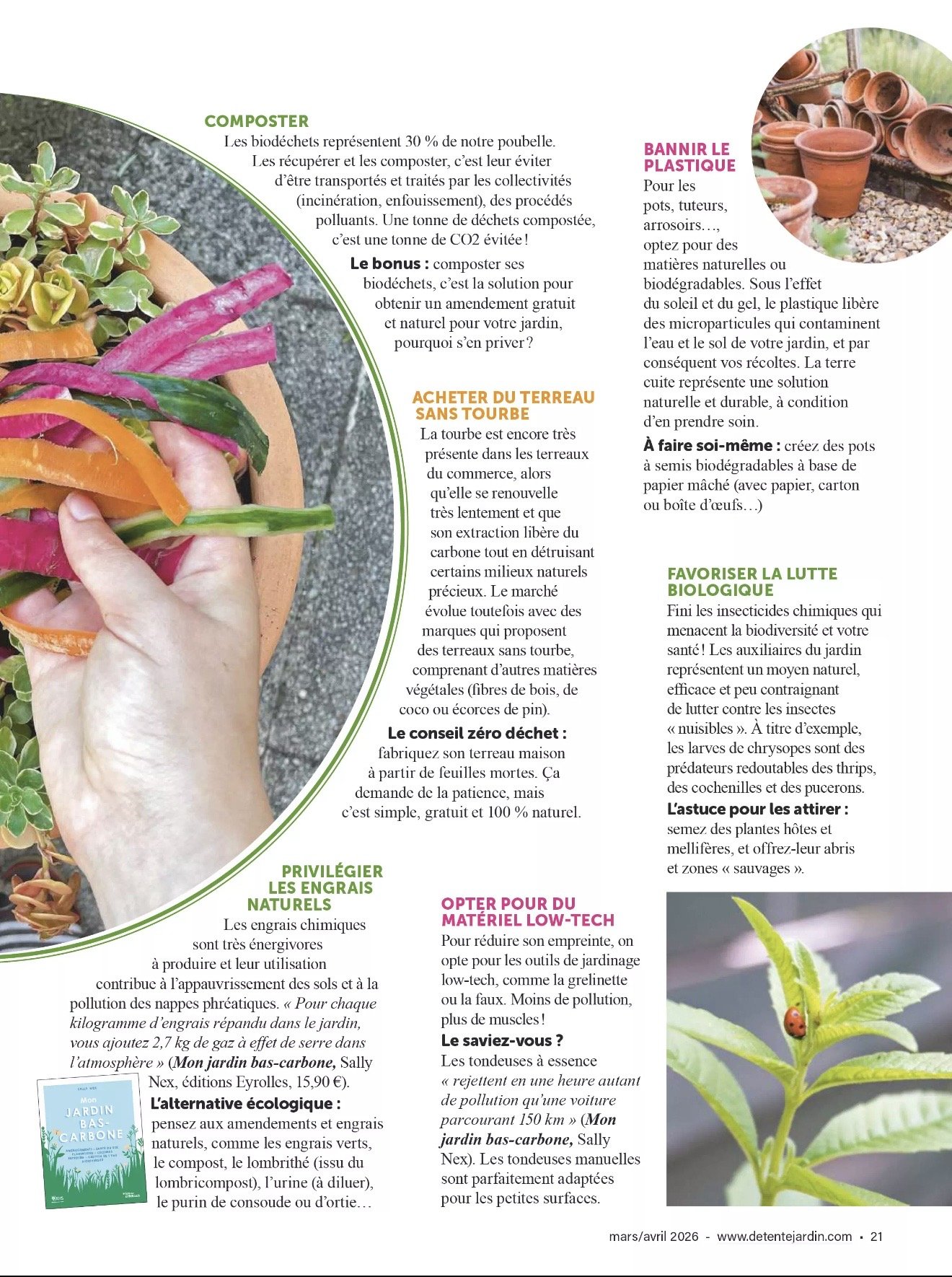 Page from a magazine or brochure about environmentally friendly gardening, featuring a plant, a section with a garden plant and ladybug, and a book about low-carbon gardening.