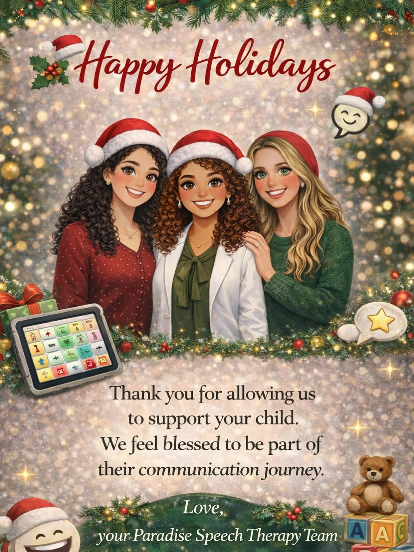 ✨ Happy Holidays from Paradise Speech Therapy ✨

Thank you for trusting us with your child&rsquo;s communication journey 🤍 Being part of their growth and celebrating every milestone (big and small) means so much to us.

As the year comes to a close,