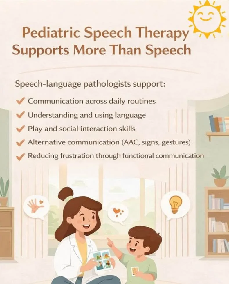 What does a pediatric speech language pathologist actually do ? 

Most parents think speech therapy is just about talking.
It&rsquo;s so much more than that 👇

Pediatric speech therapy supports
🍼 Early communication like gestures joint attention an
