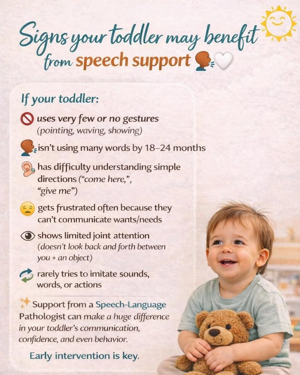 Signs your toddler may benefit from speech support 🗣️🤍
If your toddler:
🚫 uses very few or no gestures (pointing, waving, showing)
🗣️ isn&rsquo;t using words by 18&ndash;24 months
👂 has difficulty understanding simple directions (&ldquo;come her