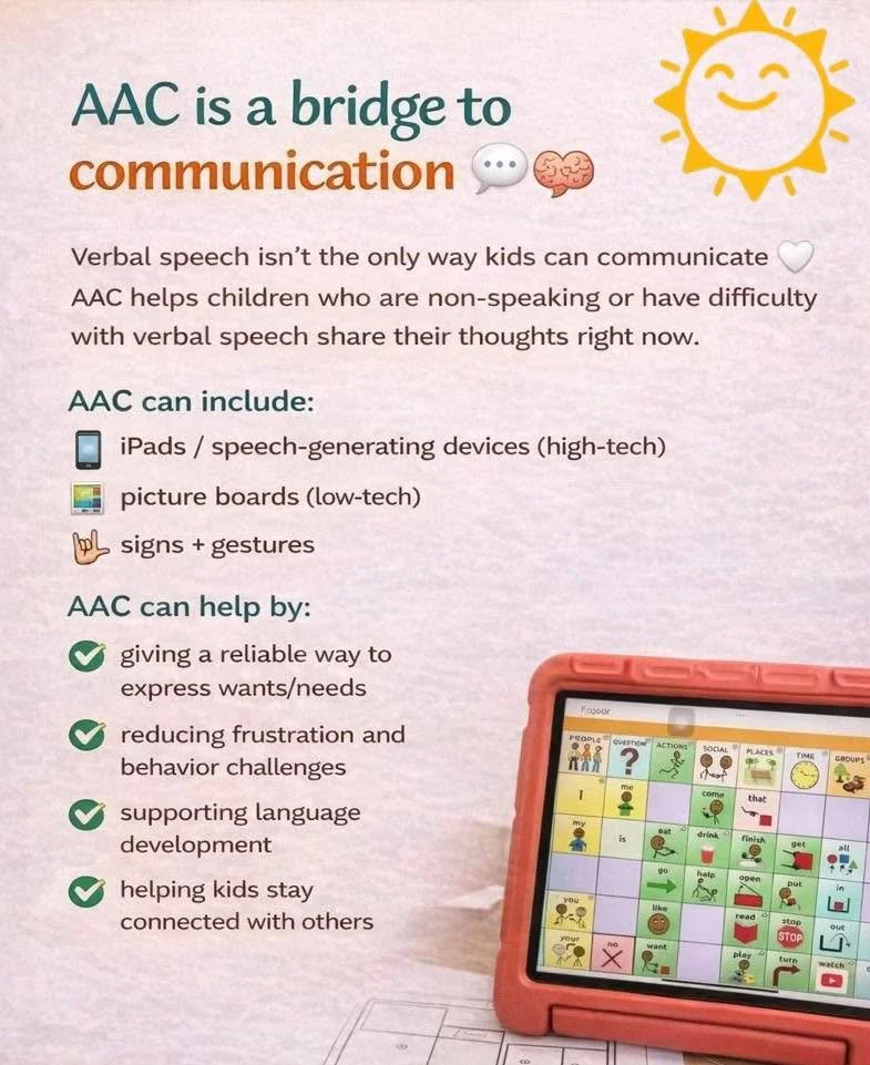 AAC is a bridge to functional communication 🧠💬

Communication does not have to wait for spoken words. AAC and signs give children a way to share their thoughts right now 👇

AAC and signs support communication by
🗣️ giving children a reliable way 