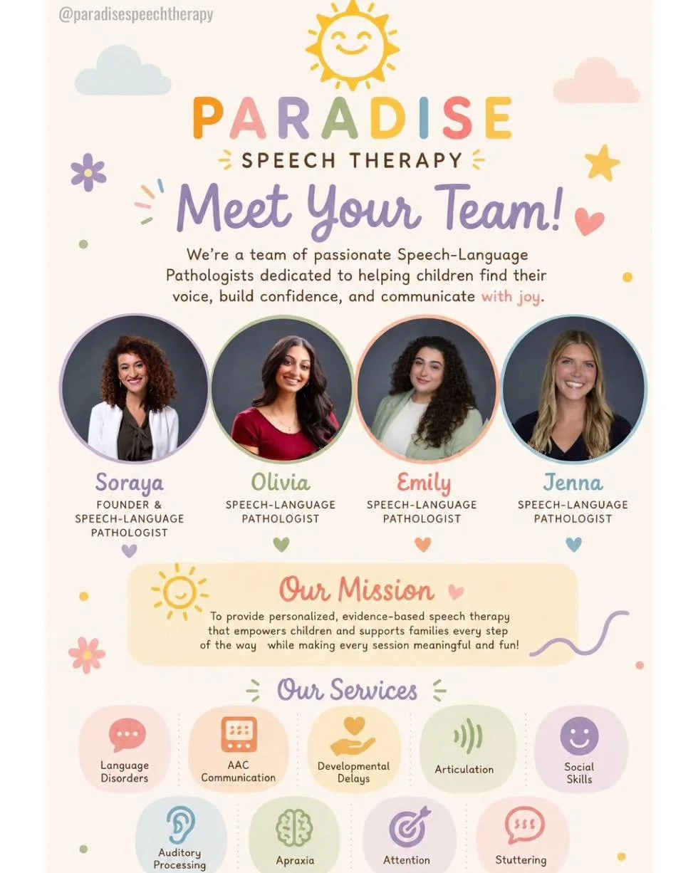 ✨ Meet the team behind Paradise Speech Therapy!

We are passionate pediatric Speech-Language Pathologists dedicated to helping children build confidence, strengthen communication skills, and find joy in connecting with the world around them. 💛

At P