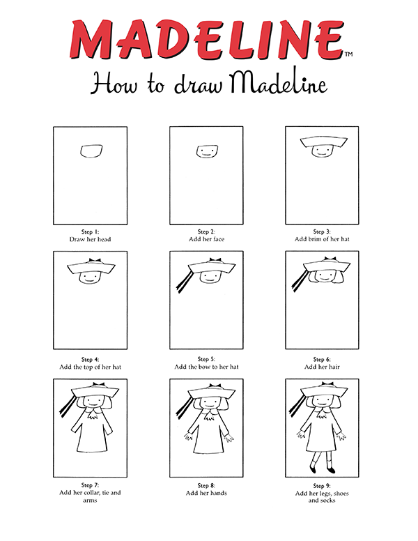A step-by-step drawing tutorial showing how to draw Madeline, a young girl with a hat. The instructions include drawing her head, face, hat, hair, bow, dress, arms, and legs with shoes.