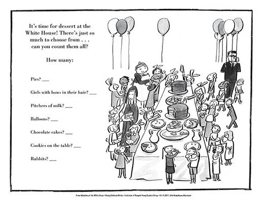 Black and white illustration of a children's party at the White House, with a long table filled with desserts and kids around it. Balloons are floating above, and a man with a camera or phone is taking pictures.