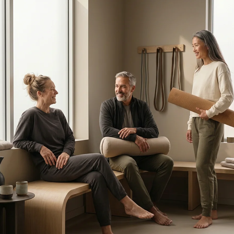 Three adults relaxing in a wellness room, with two seated on meditation cushions and one holding a yoga mat.