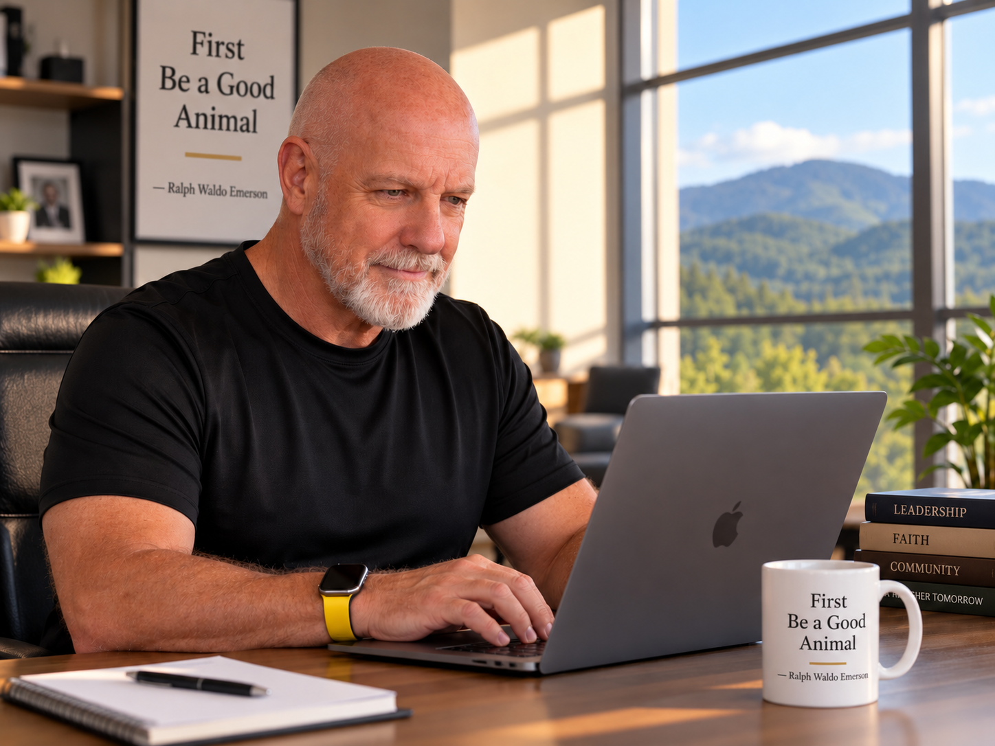 Bald bearded man working on a laptop at a desk in a sunlit office with mountain views