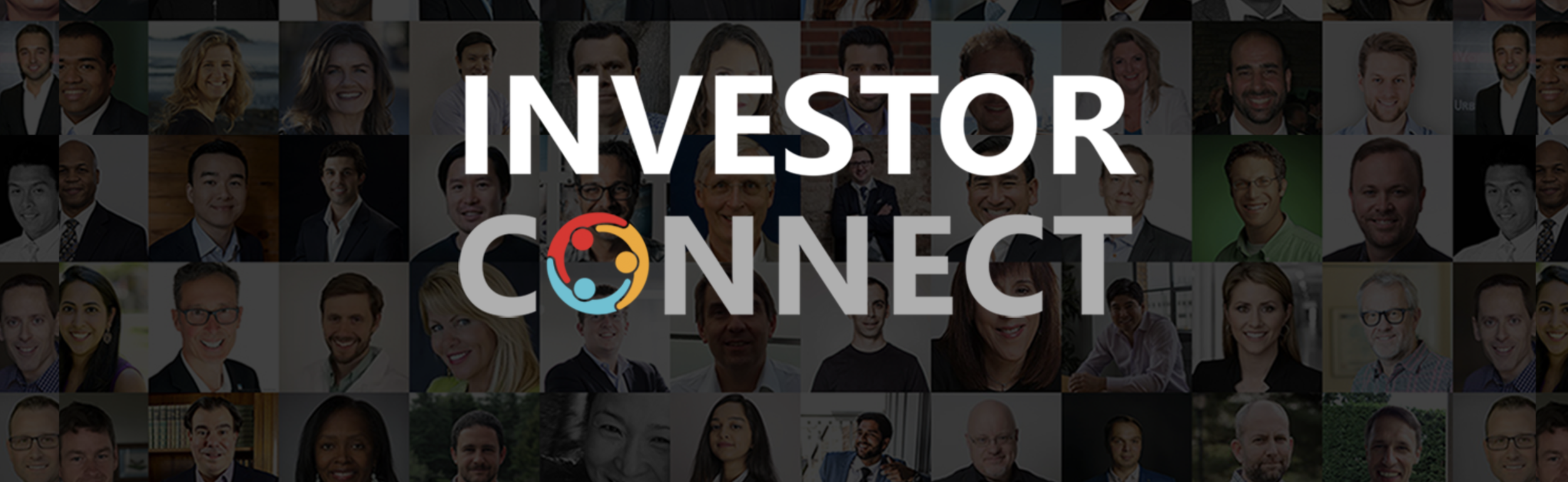 Collage of diverse professional headshots with large text overlay that says 'Investor Connect' and a colorful circular logo.
