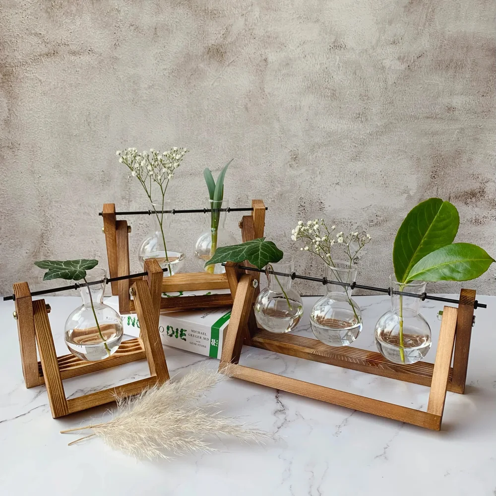 Glass Planter Bulb Vase | Glass Plant Terrarium with Wooden Stand — Roots  and Shoots LLC, image size:1000x1000