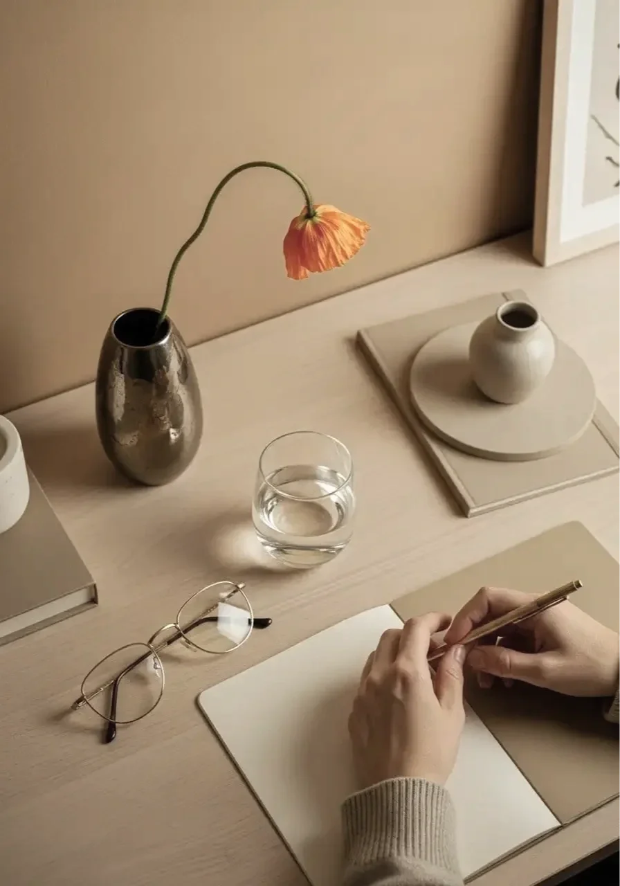 Interior design consultation with notes being taken at a desk.