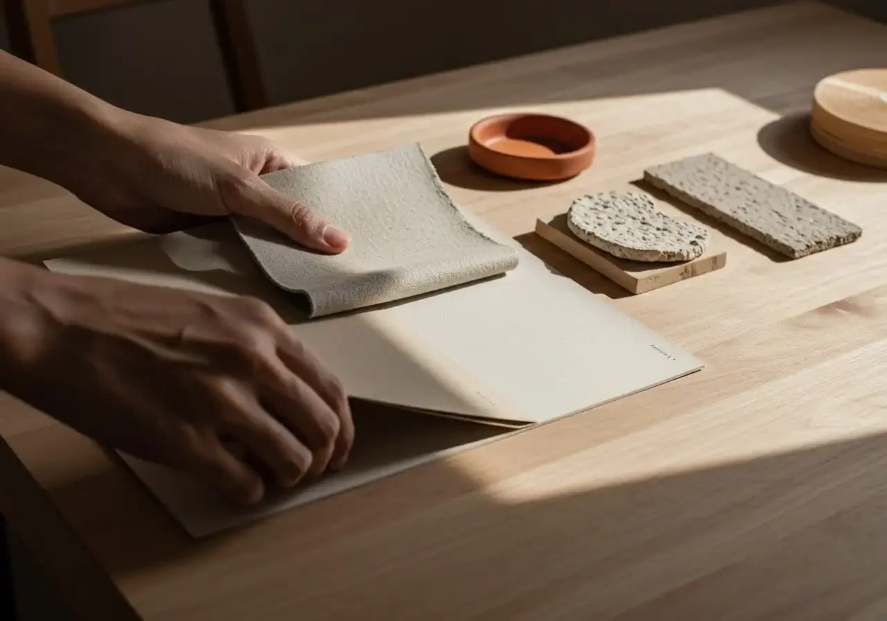 Interior designer reviewing natural material samples for a residential project.