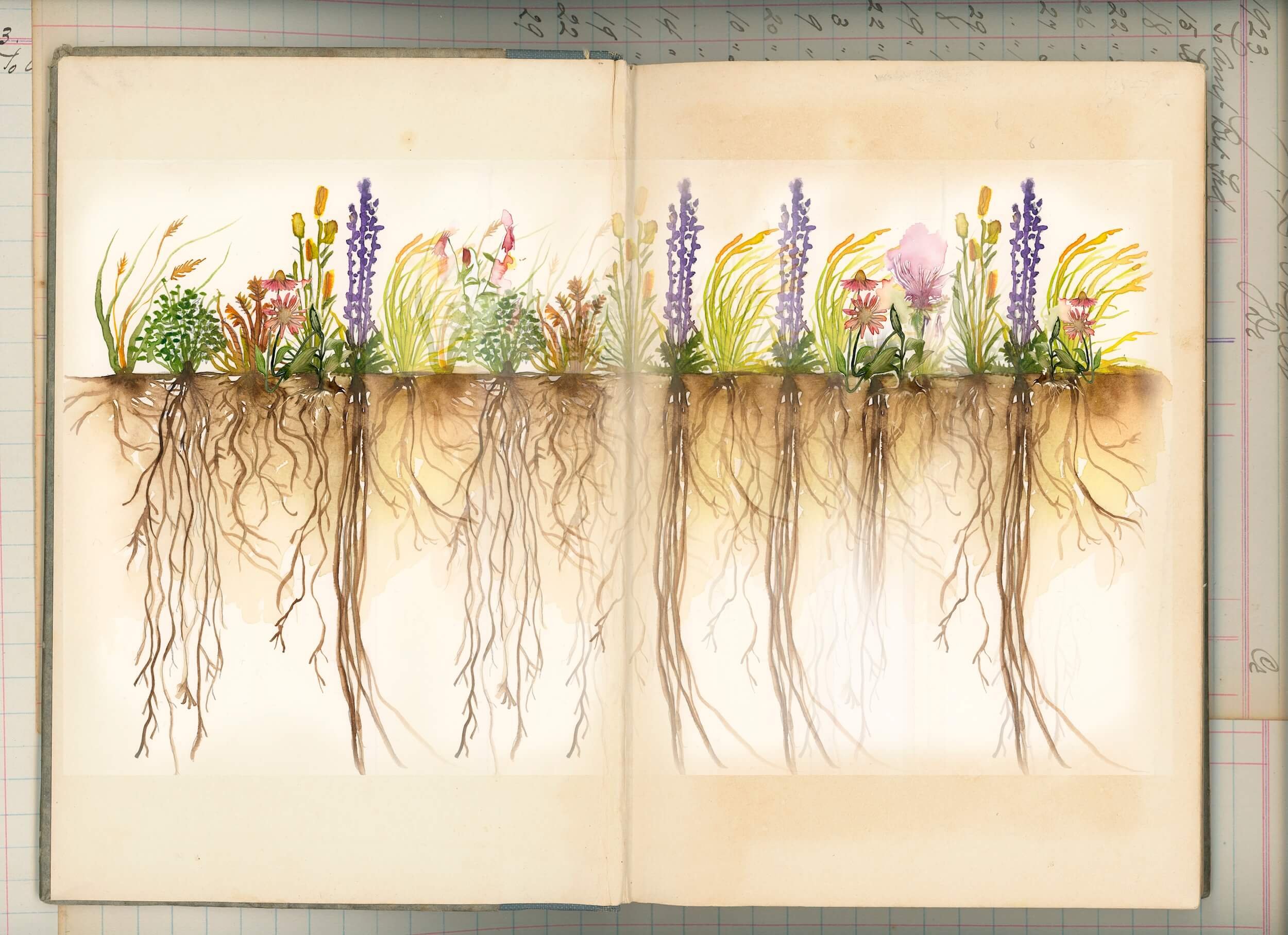 prairie flowers and roots on historic book