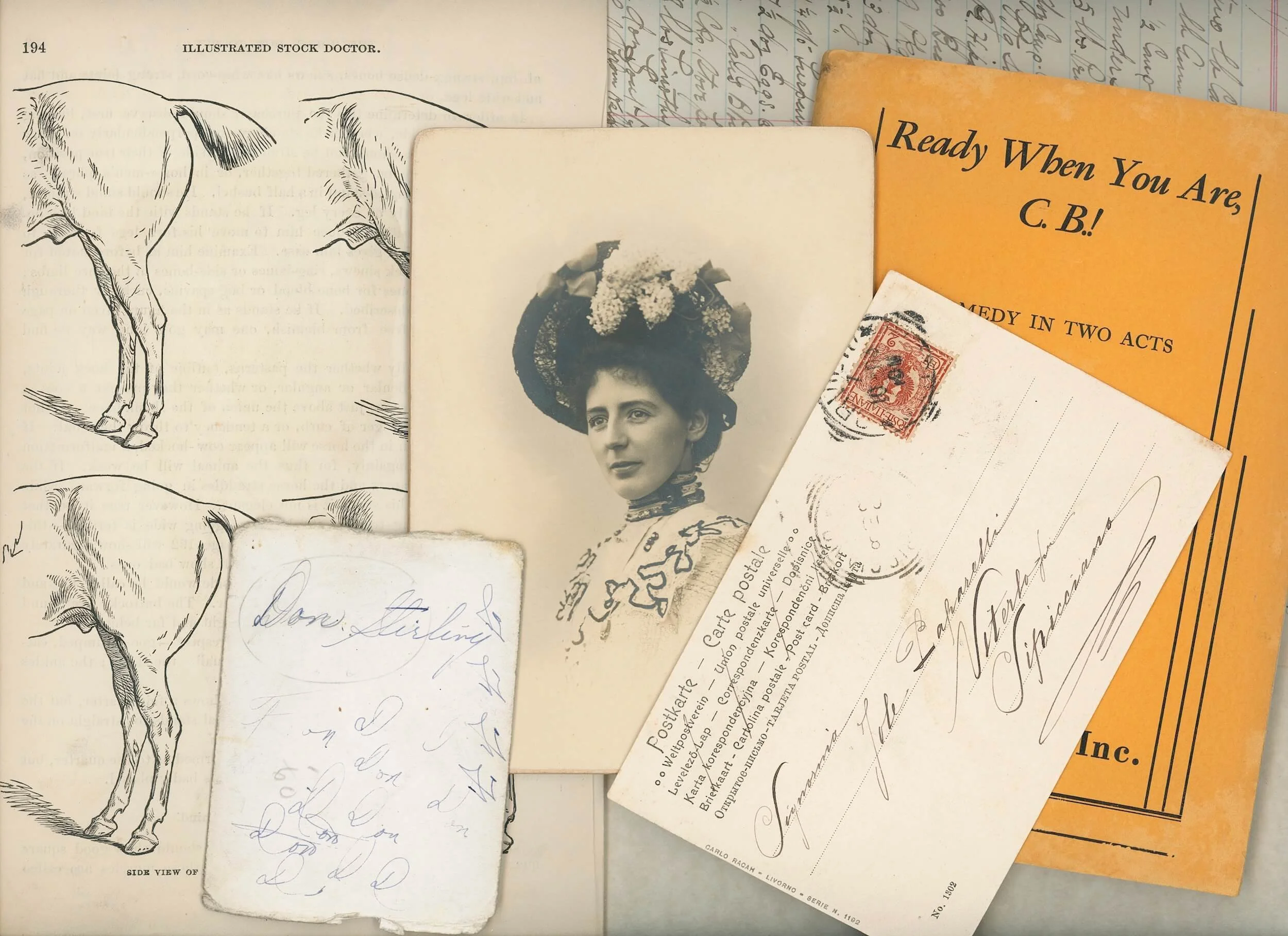 Assemblage of old postcards & documents & photograh