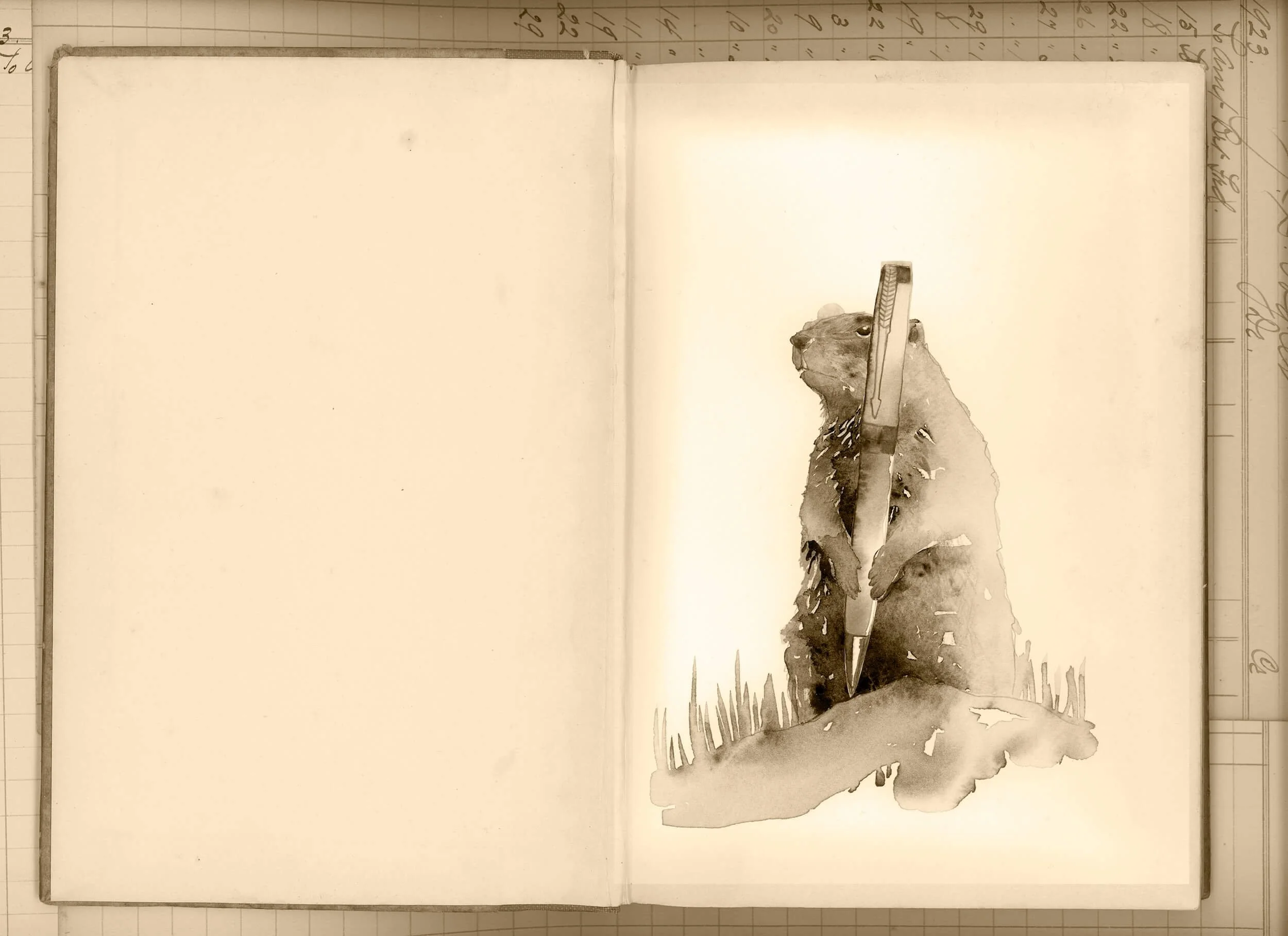 Illustration of groundhog holding pen on historical book book review