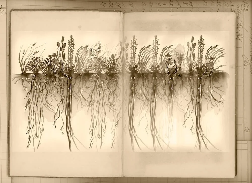 Illustration of prairie roots and flowers on historic manuscript