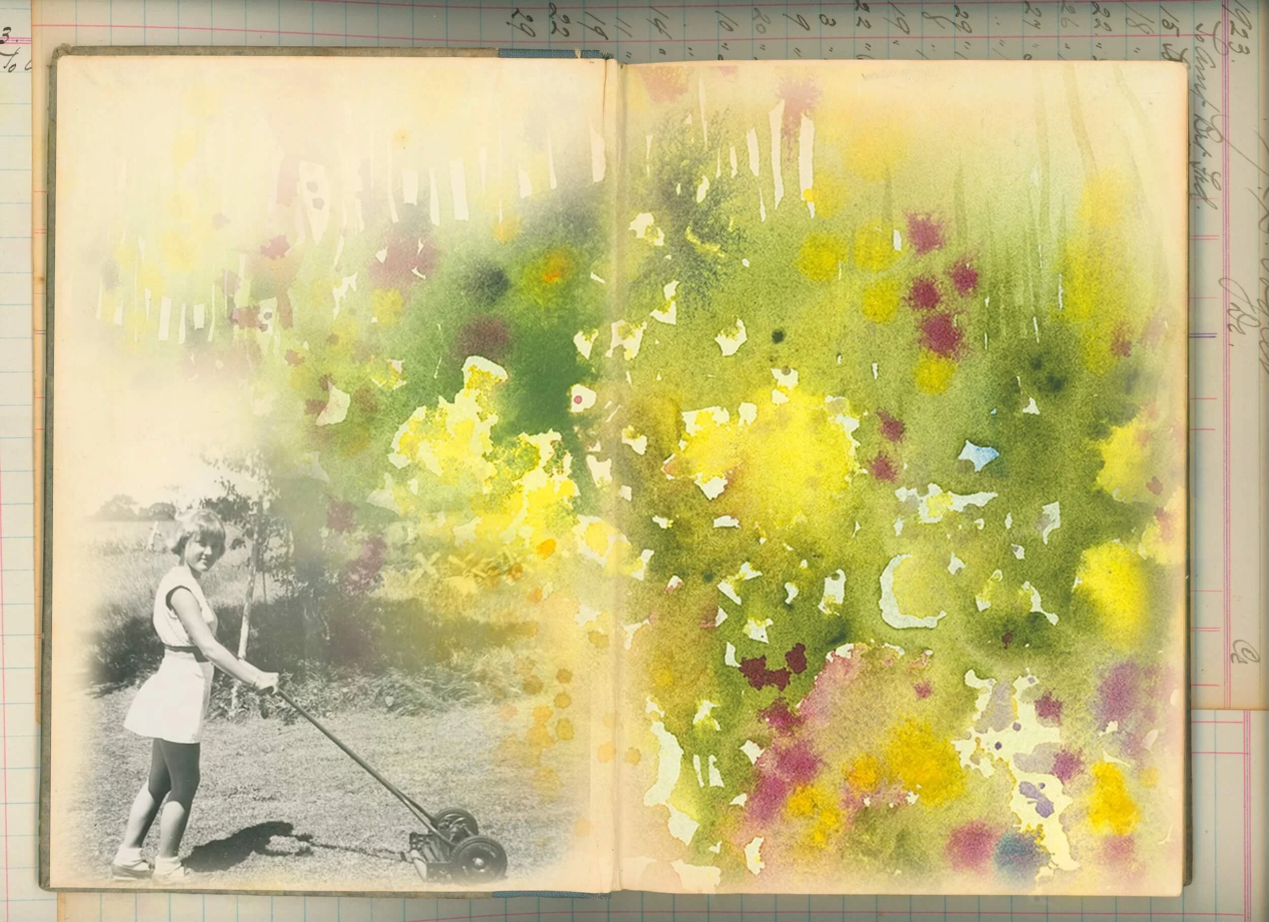historic picture of woman mowing lawn with flowers painted