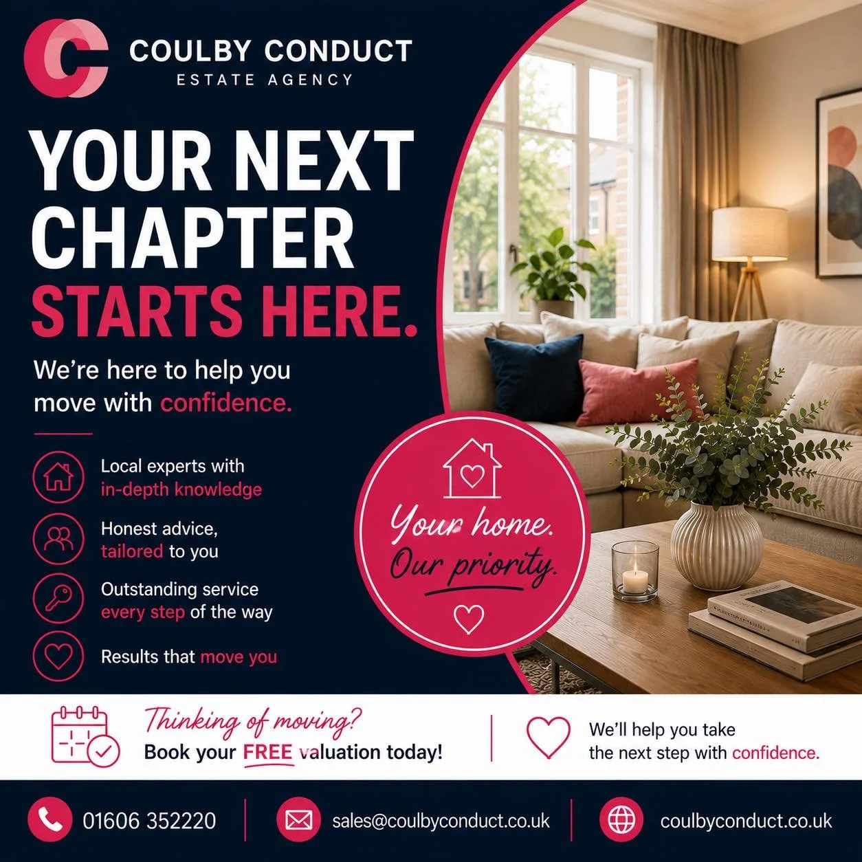🏡 YOUR NEXT CHAPTER STARTS HERE 🏡

Whether you&rsquo;re moving up, downsizing, relocating or buying your dream home, every journey starts with a single step.

At Coulby Conduct, we&rsquo;re here to help you move with confidence.

✔ Local experts wi