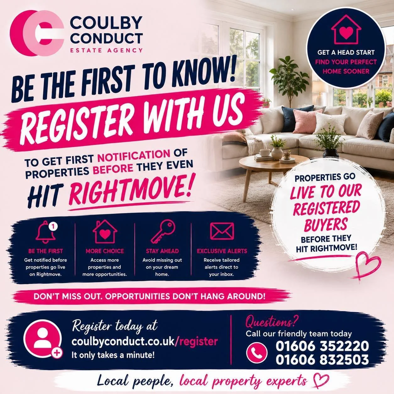 🏡 LOOKING FOR YOUR NEXT HOME? 🏡

The best properties don&rsquo;t always make it to Rightmove before attracting interest&hellip;

That&rsquo;s why registering with Coulby Conduct could give you the advantage.

✅ Be the first to hear about new proper