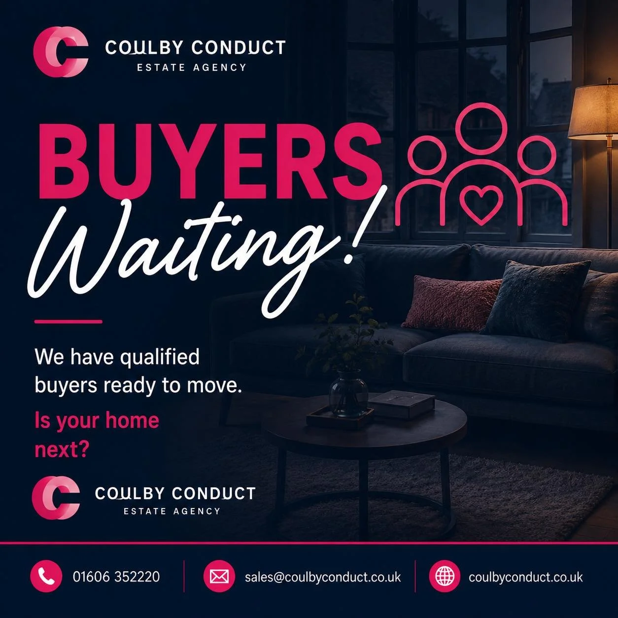 🏡 BUYERS WAITING 🏡

We have motivated and qualified buyers actively looking for homes across Northwich, Middlewich and the surrounding areas.

Could your property be exactly what they&rsquo;re searching for?

✔ Buyers registered and ready to move
✔