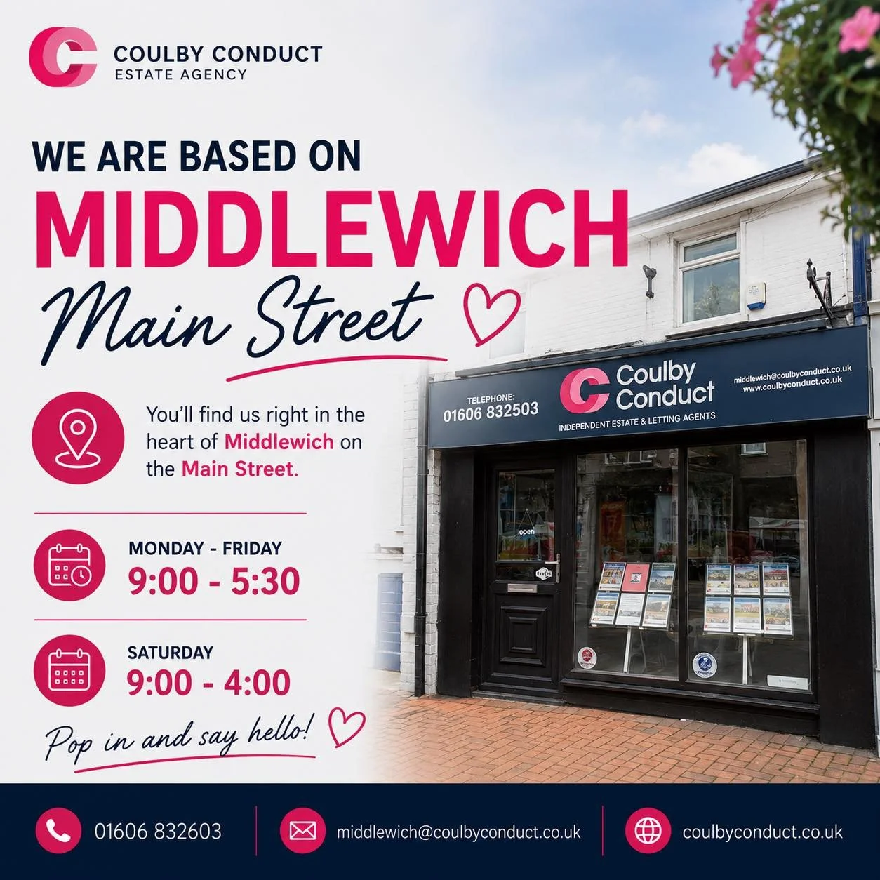 📍 WE&rsquo;RE HERE IN THE HEART OF MIDDLEWICH 📍

Did you know our Middlewich office is located right on the town&rsquo;s main street?

Whether you&rsquo;re looking to buy, sell, or simply need some honest property advice, our local team is here to 