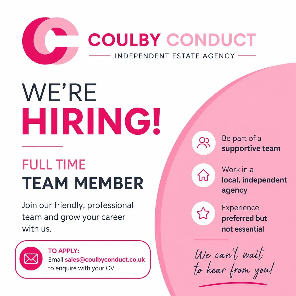 We&rsquo;re hiring! 

Full-time, team member 

Email sales@coulbyconduct.co.uk to apply with your cv